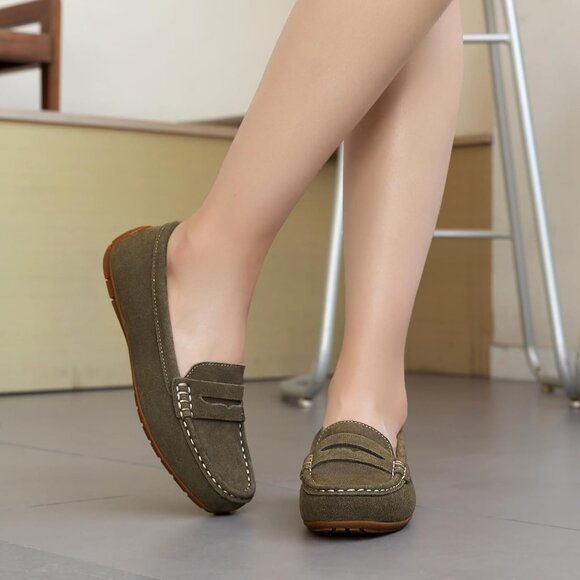 Kordal Women Olive Green Suede Gold Accent Buckle Slip-Ons Walking Flats Loafers - Picture 6 of 9